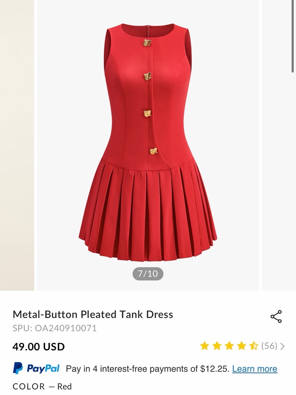 Red Metal-Button Pleated Tank Dress